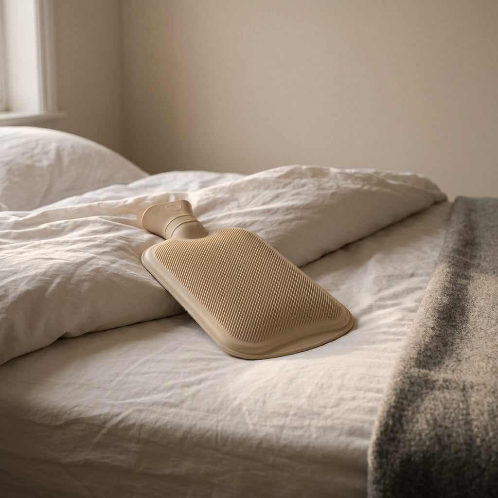 Bouillotte crème glissée sous une couette repliée