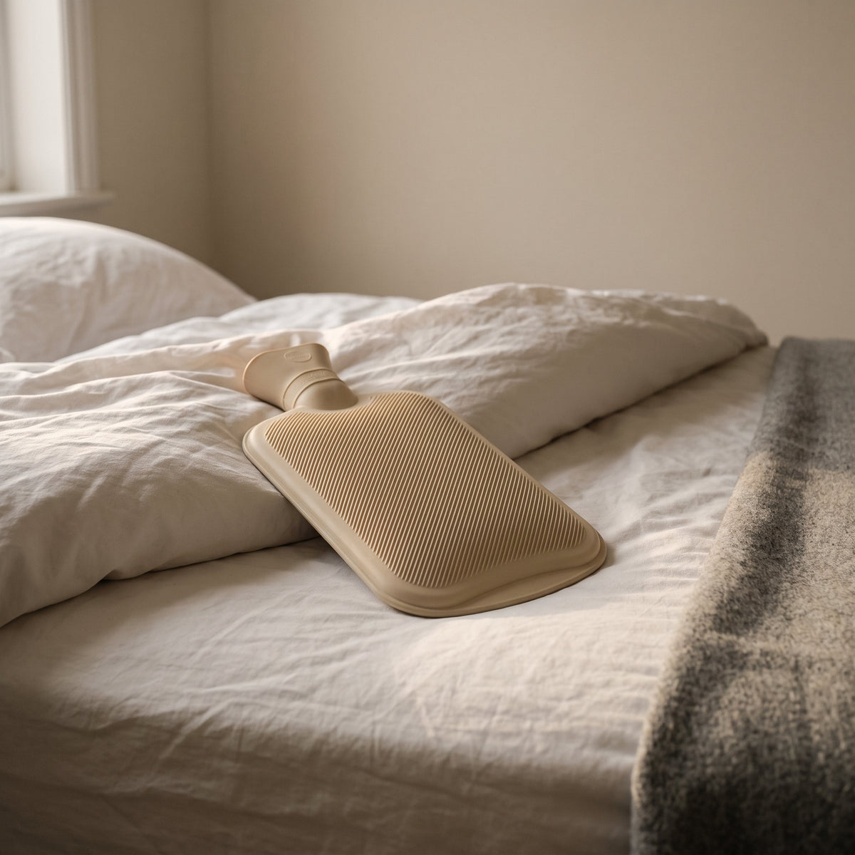 Bouillotte crème glissée sous une couette repliée