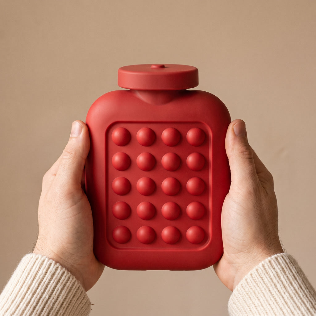 Petite bouillotte rouge à pastilles tenue à deux mains