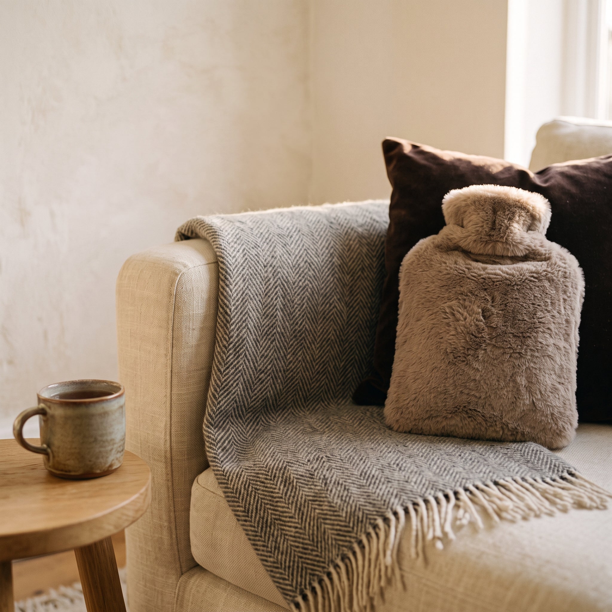 Bouillotte en housse fausse fourrure taupe sur un plaid chevrons