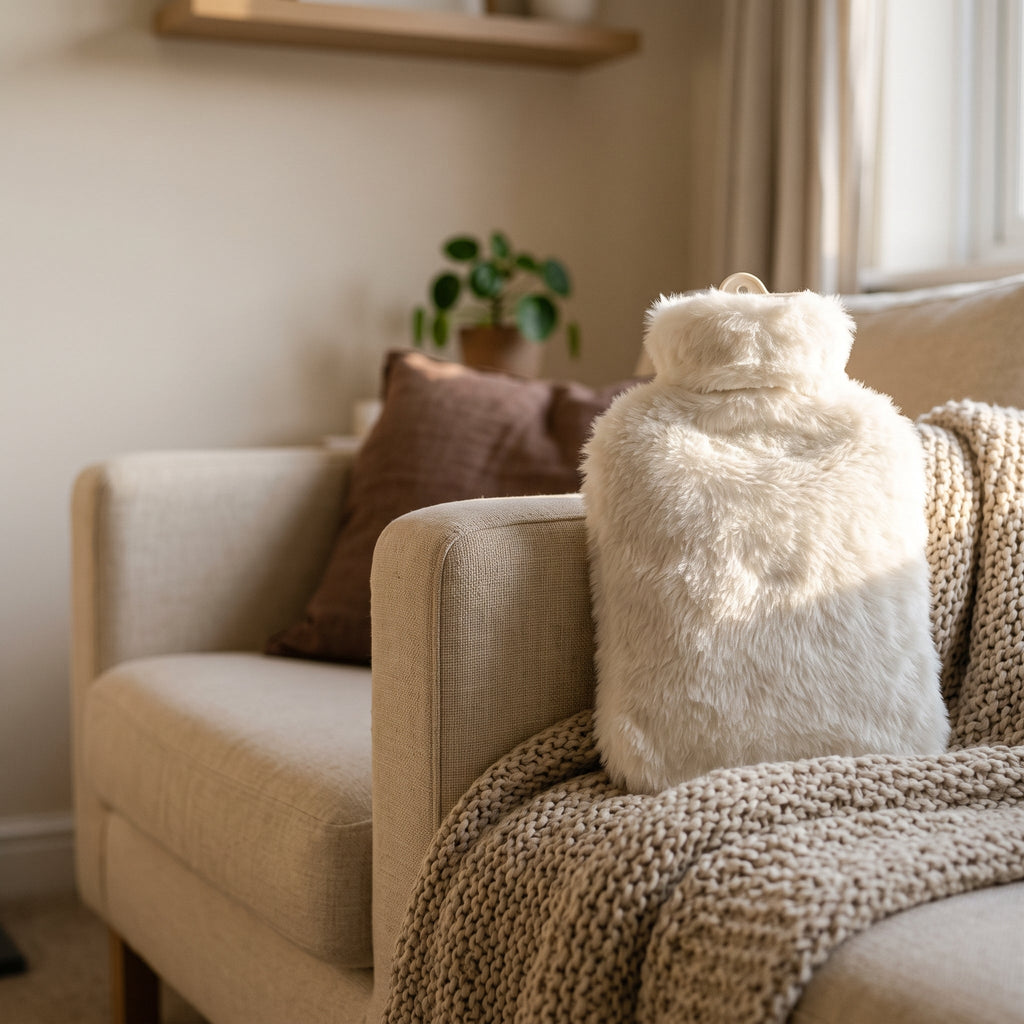 Bouillotte en housse fausse fourrure blanche sur l accoudoir d un canapé