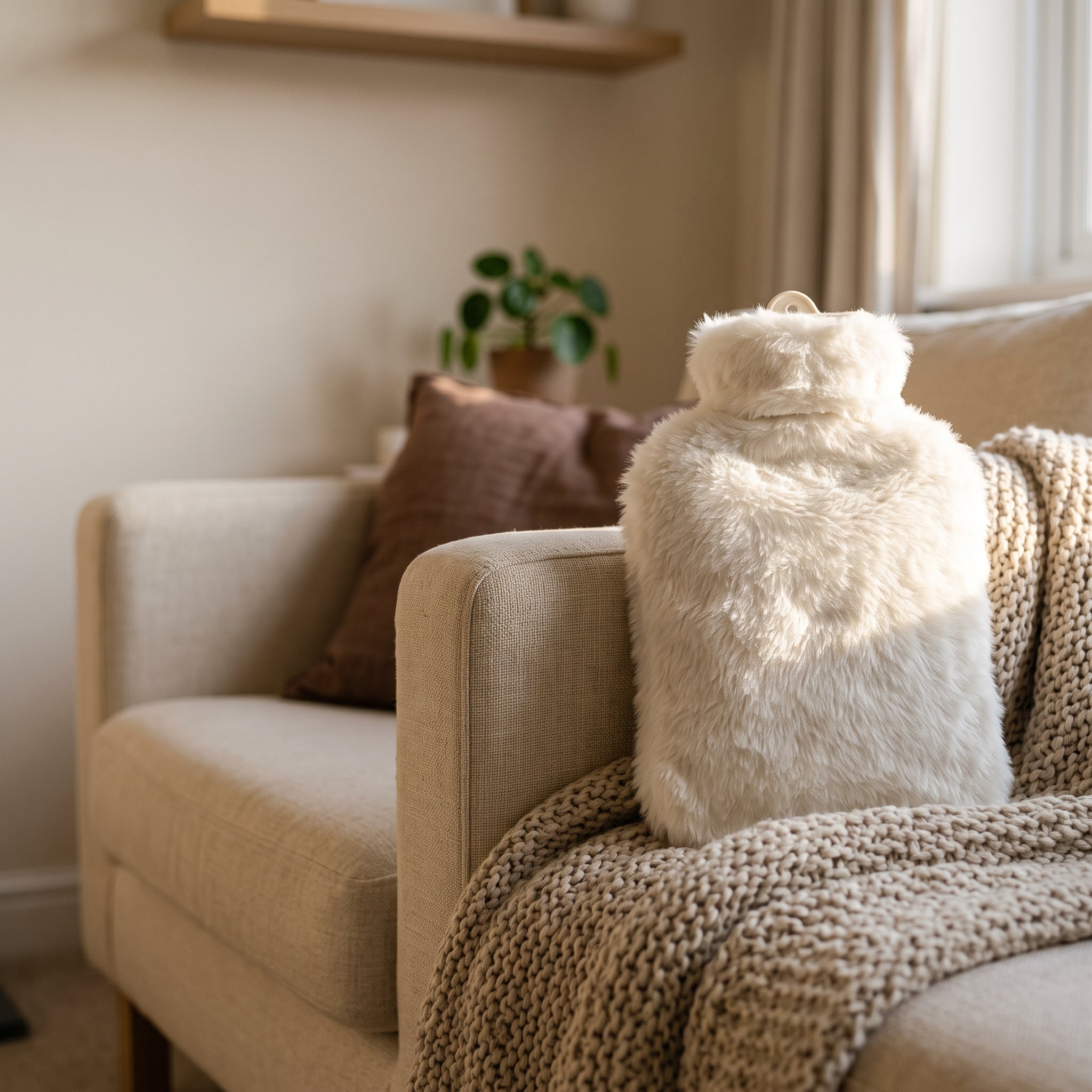 Bouillotte en housse fausse fourrure blanche sur l accoudoir d un canapé