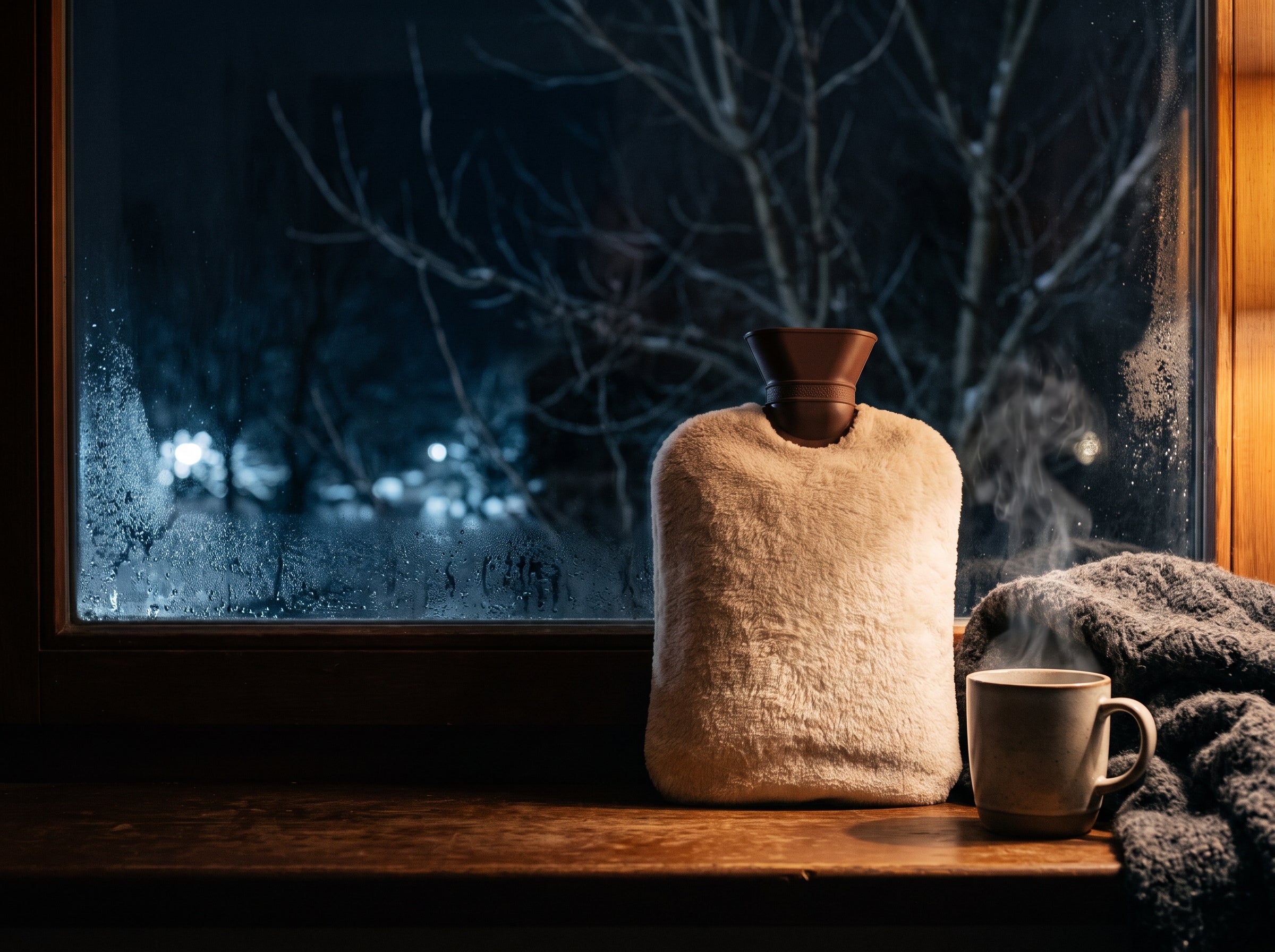 Bouillotte en housse peluche écrue sur un rebord de fenêtre en bois, à côté d'une tasse fumante, la nuit d'hiver derrière la vitre
