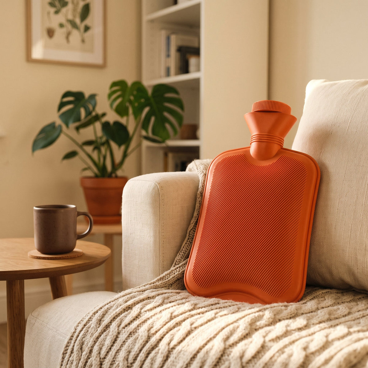 Bouillotte orange calée sur un plaid en grosse maille, canapé