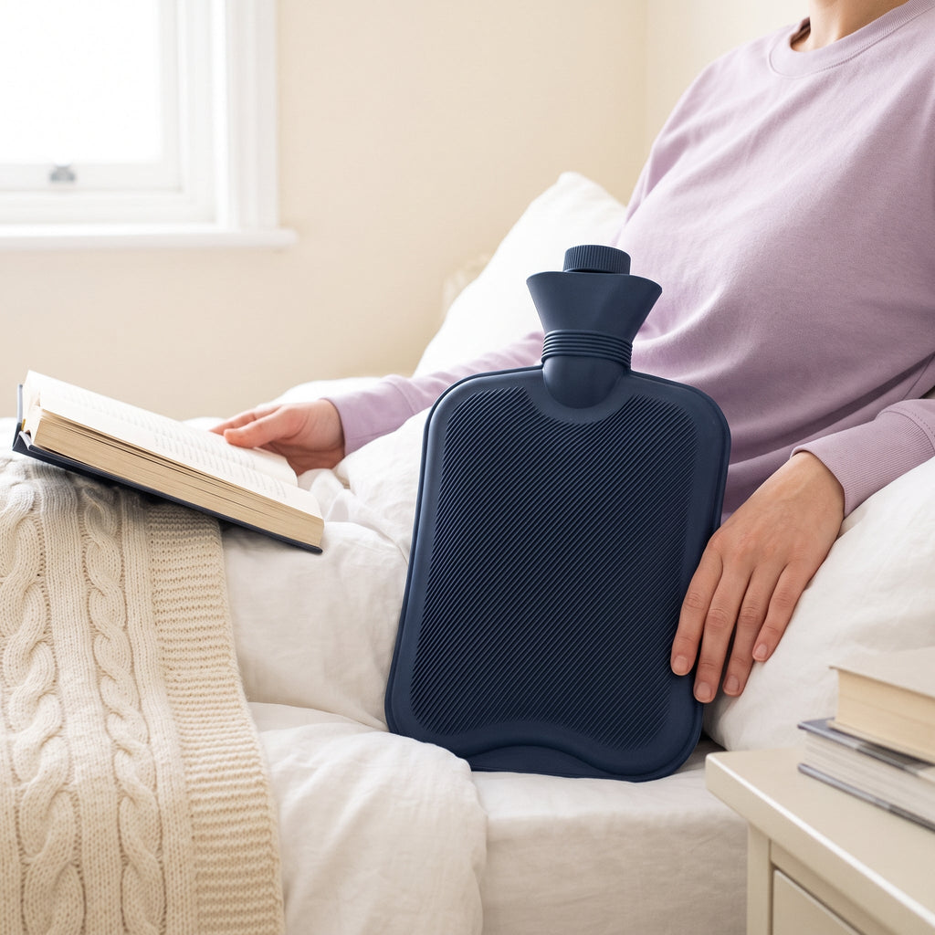 Bouillotte bleu nuit posée sur les genoux, lecture au lit