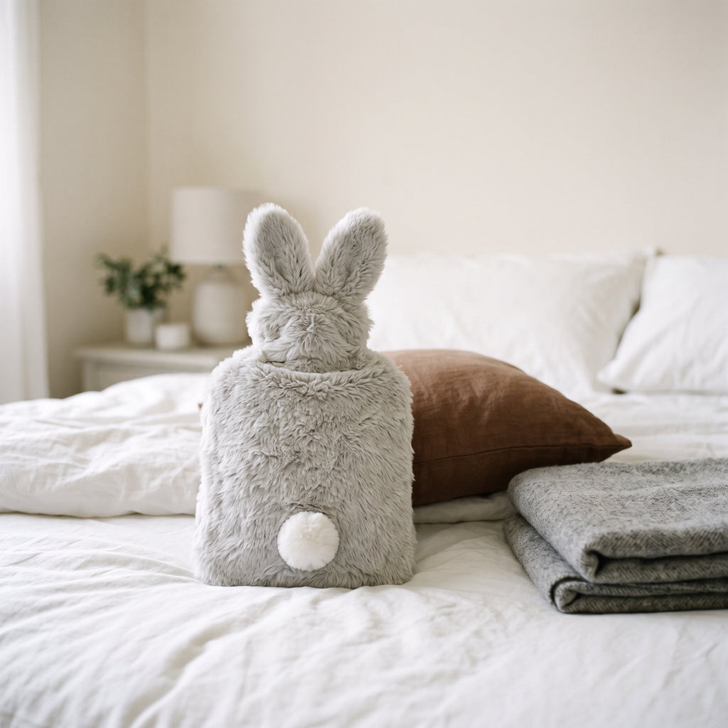 Bouillotte housse lapin gris clair posée sur un lit