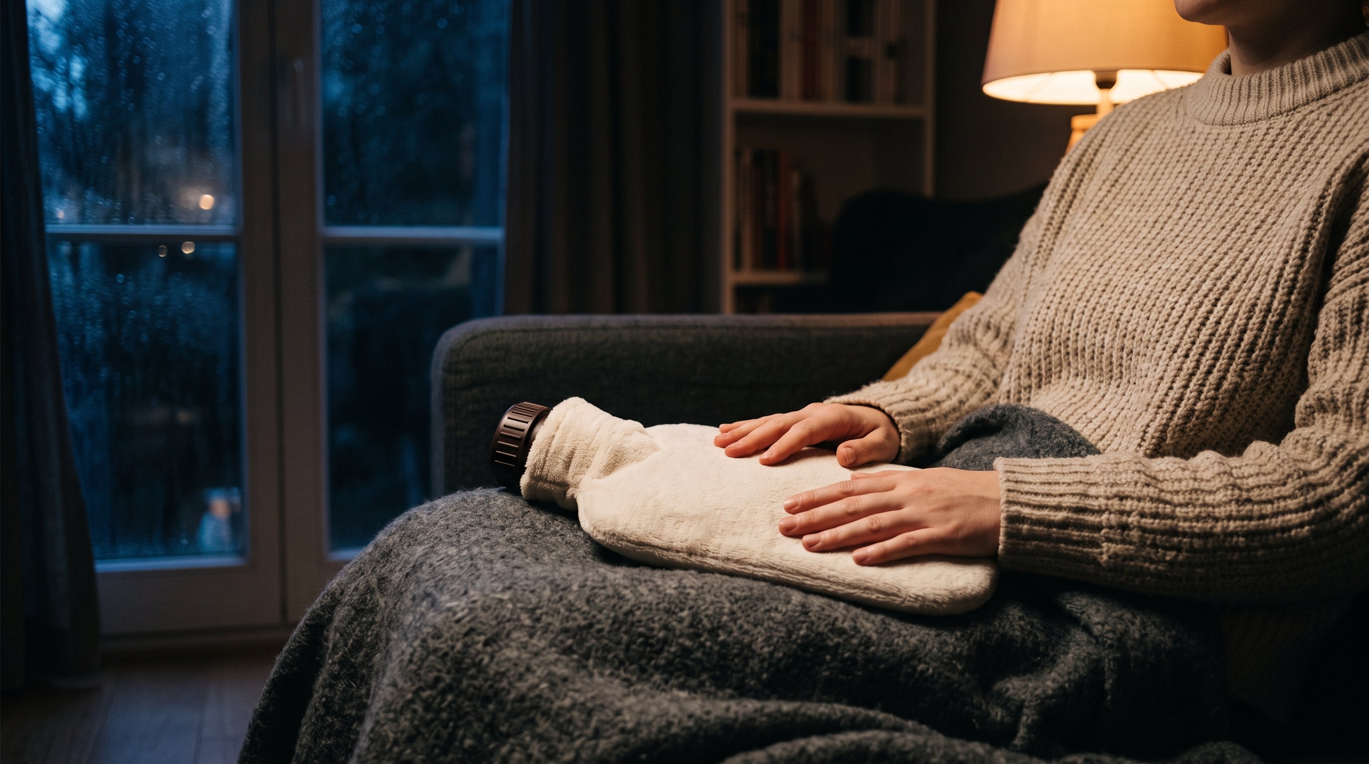 Bouillotte en housse peluche écrue posée sur les genoux d'une femme sous un plaid, le soir, devant une fenêtre pluvieuse