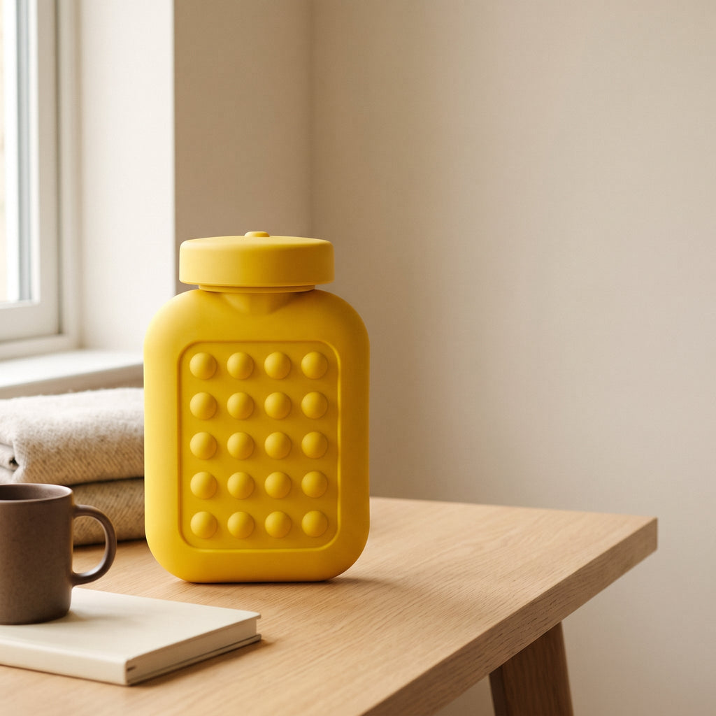 Petite bouillotte jaune à pastilles posée sur un bureau en chêne