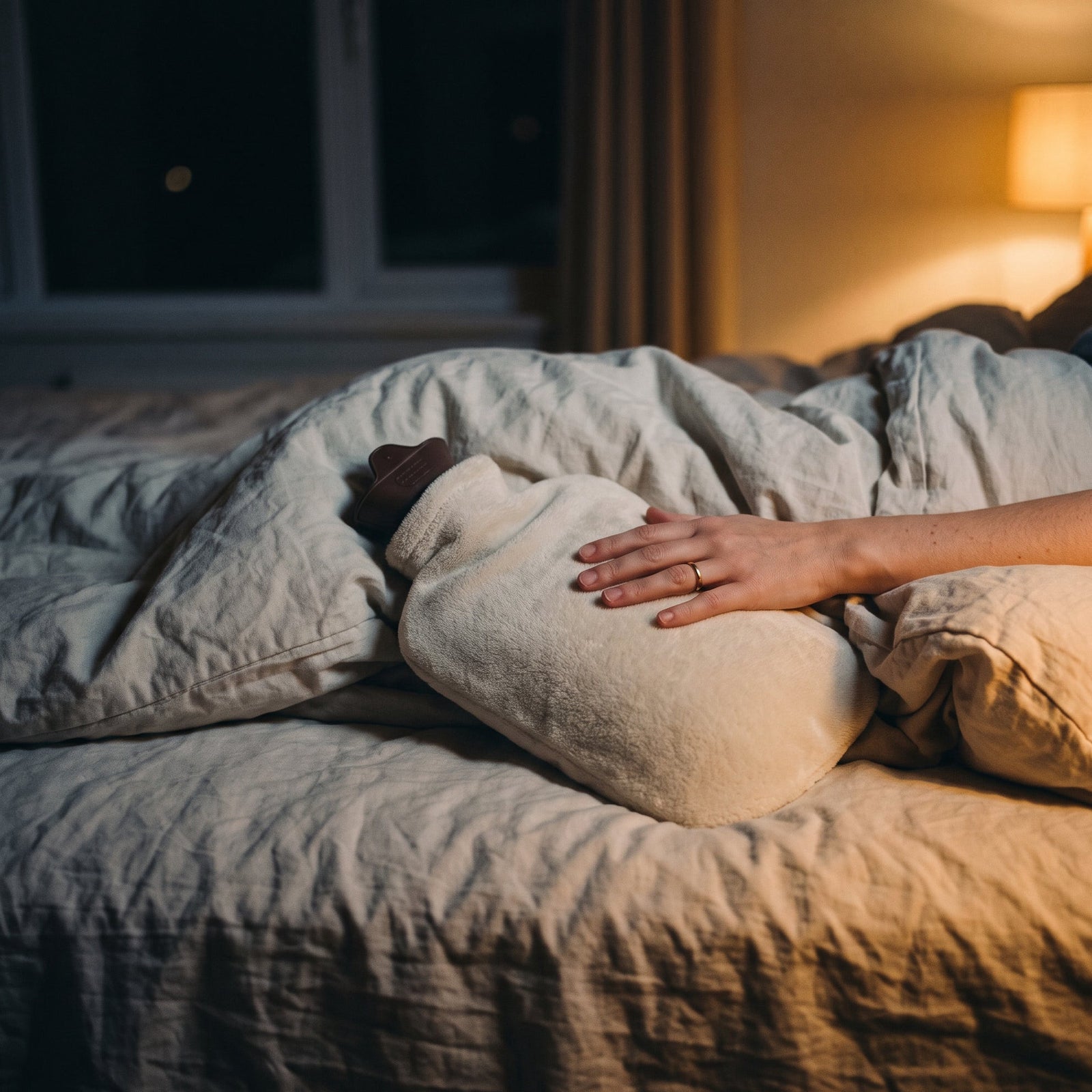 Main posee sur une bouillotte en housse peluche ecrue glissee sous la couette, lampe de chevet allumee