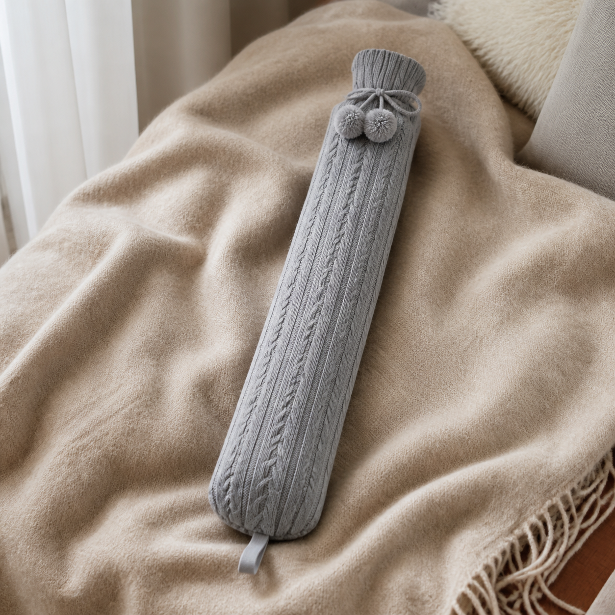 Bouillotte longue à housse tricotée