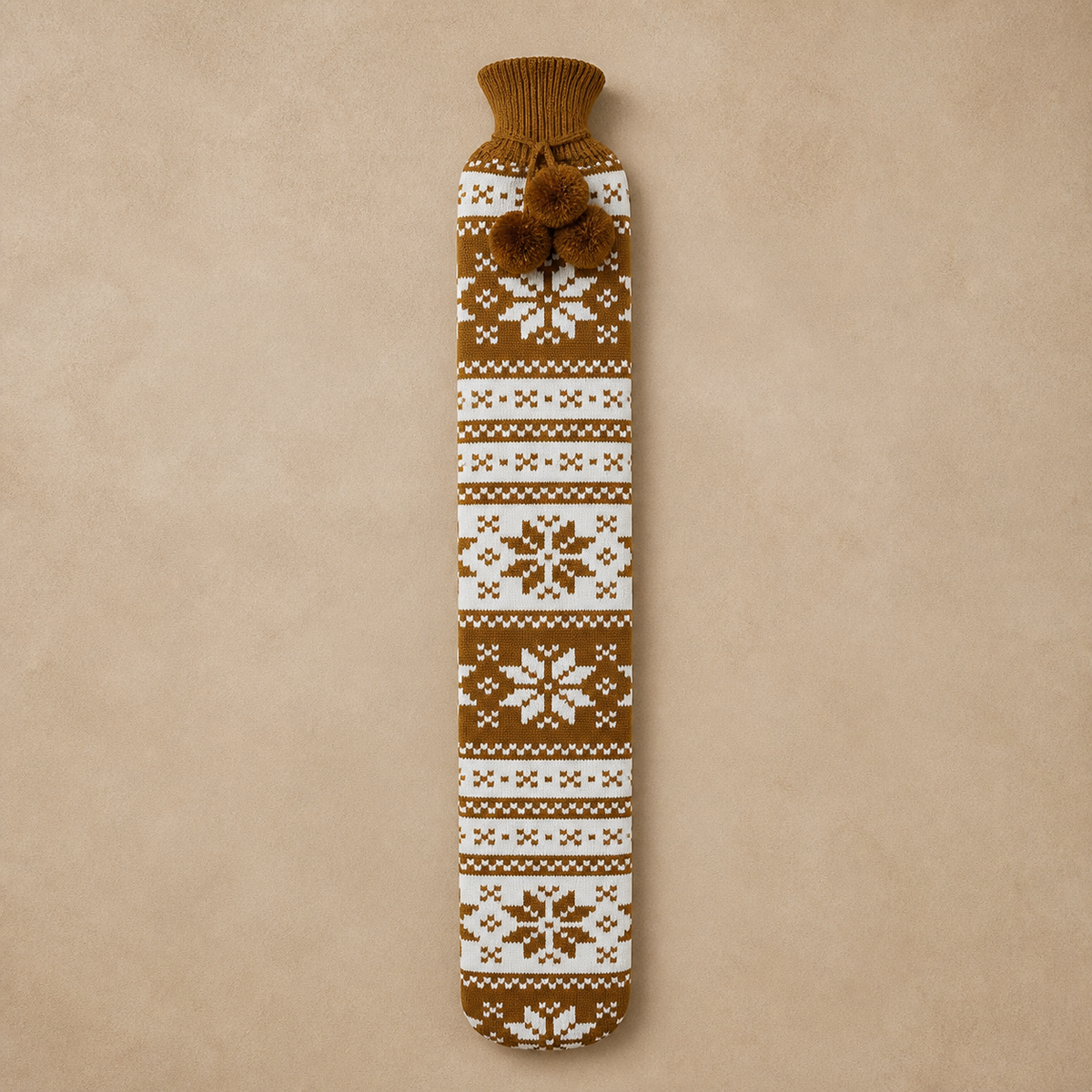Bouillotte longue à housse tricotée, motif jacquard ocre