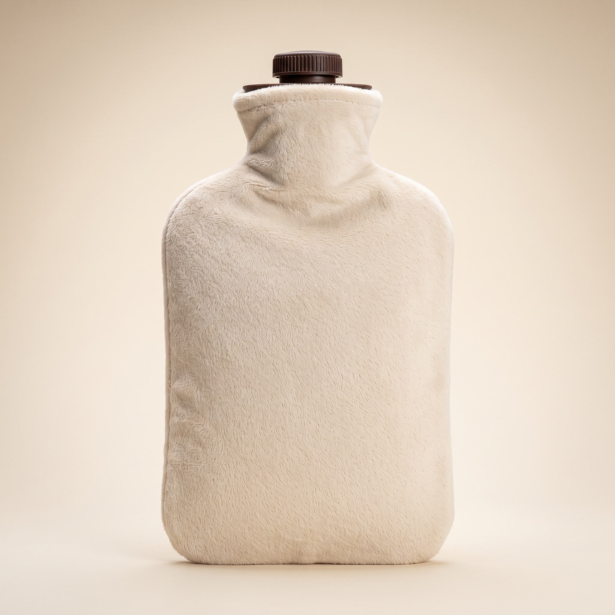 Bouillotte 2 L en housse peluche écrue, bouchon à vis brun, vue de face sur fond clair