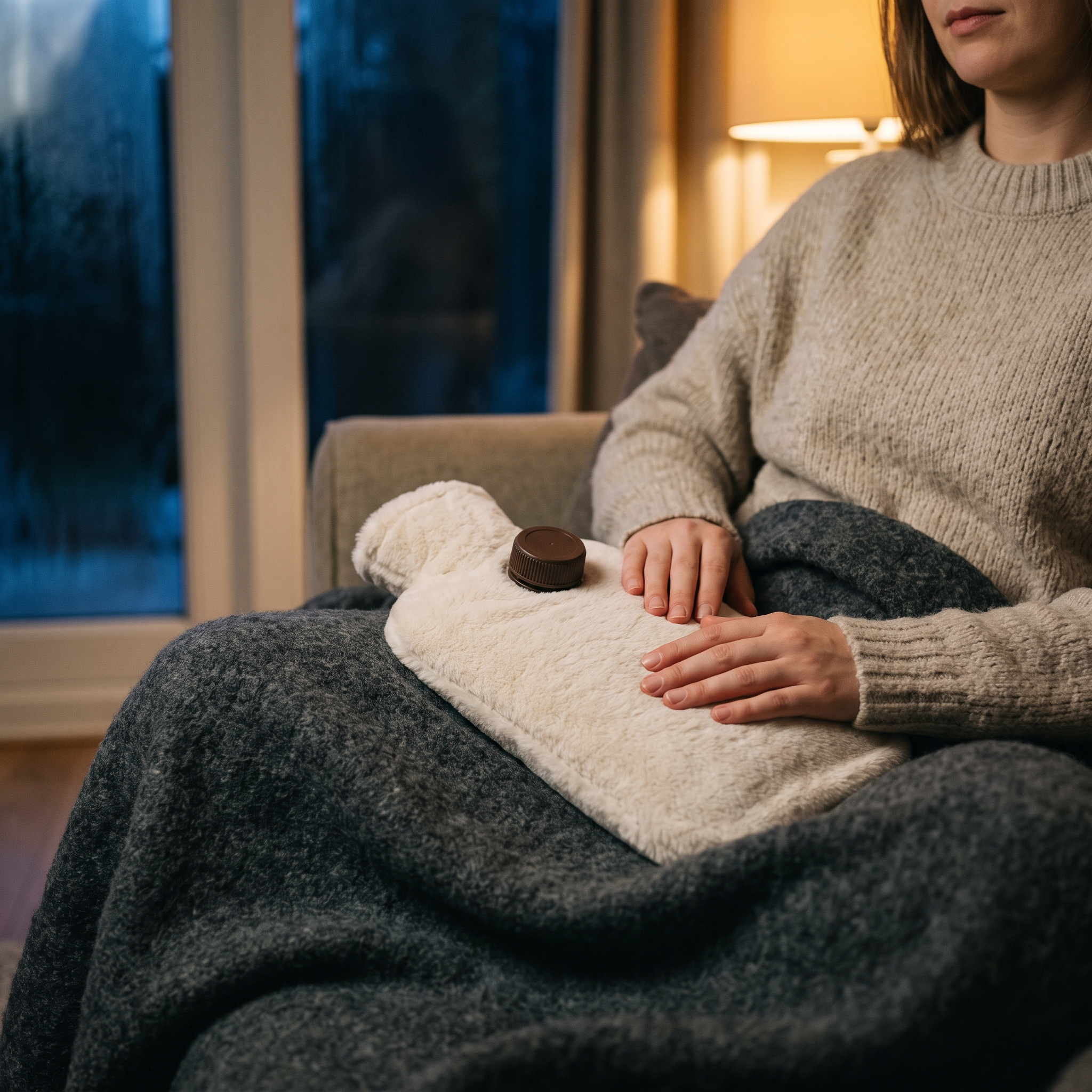 Bouillotte en housse peluche écrue posée sur les genoux, sous un plaid, le soir
