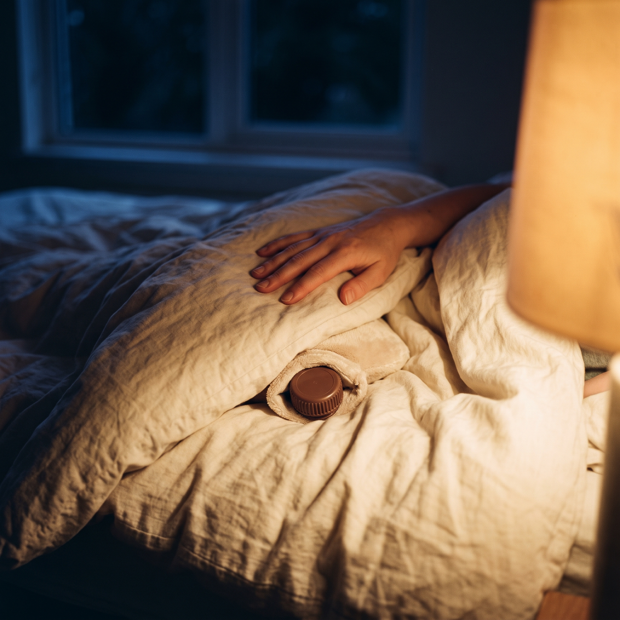 Bouillotte glissée sous la couette, main posée dessus, lampe de chevet allumée