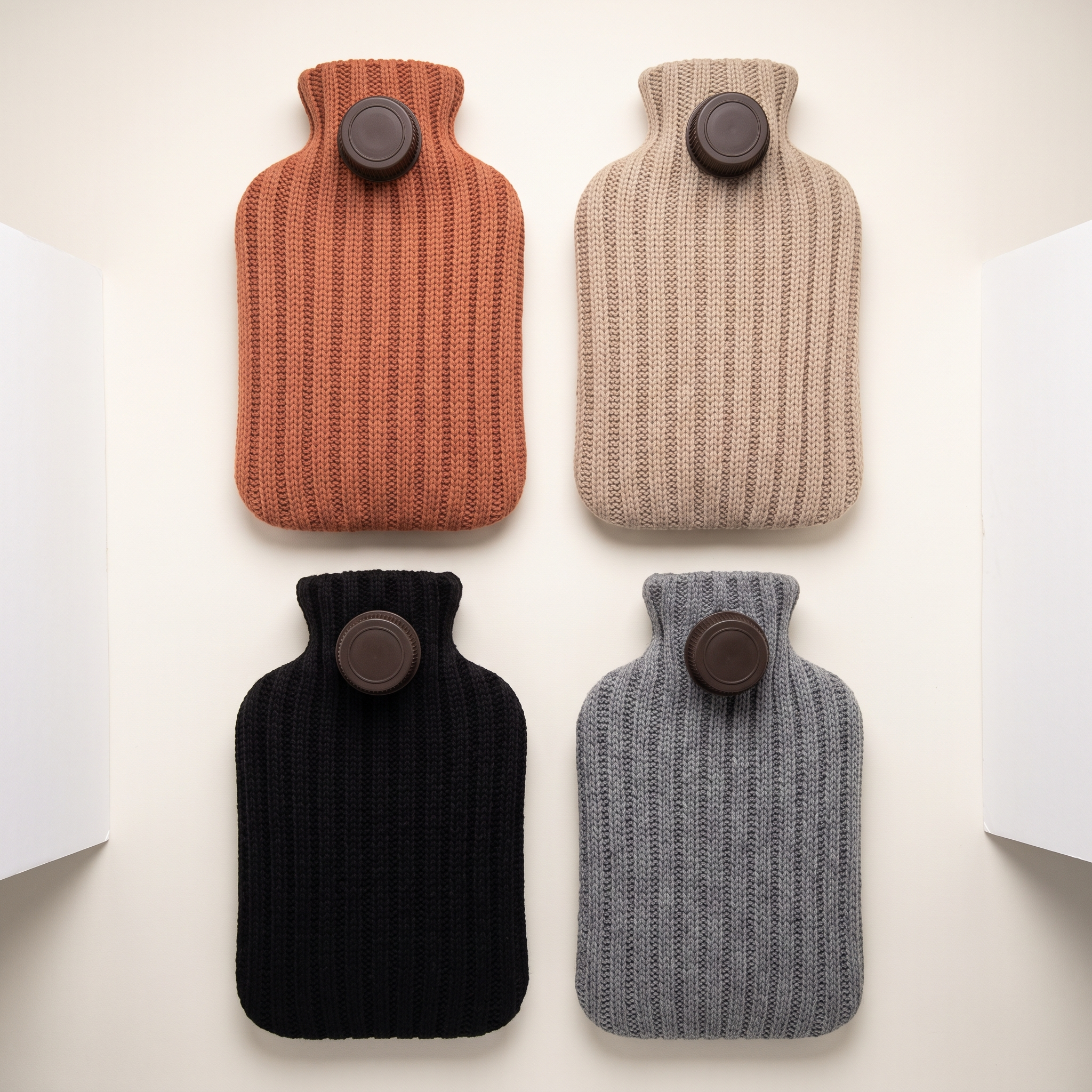Les quatre coloris de housse tricot : terracotta, beige, gris et noir, vus du dessus