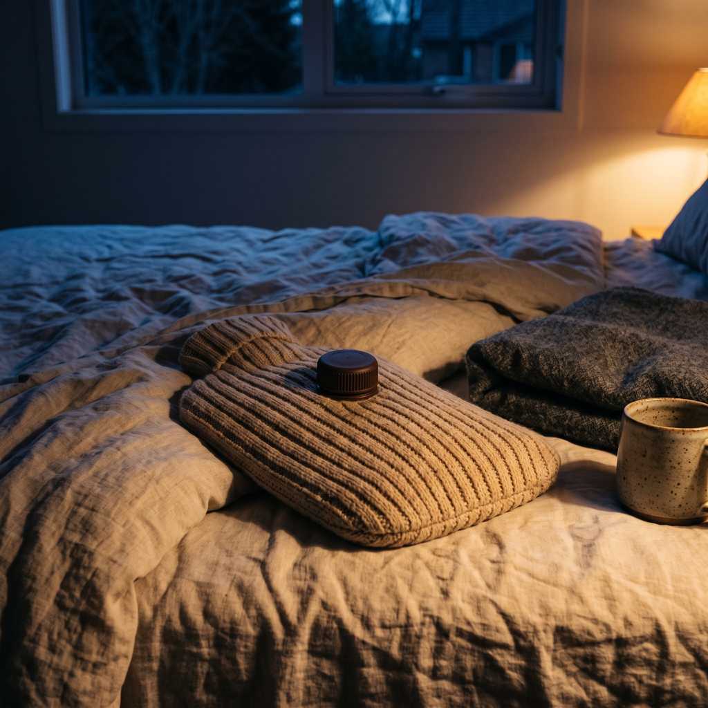 Bouillotte en housse tricot beige posée sur un lit défait, le soir