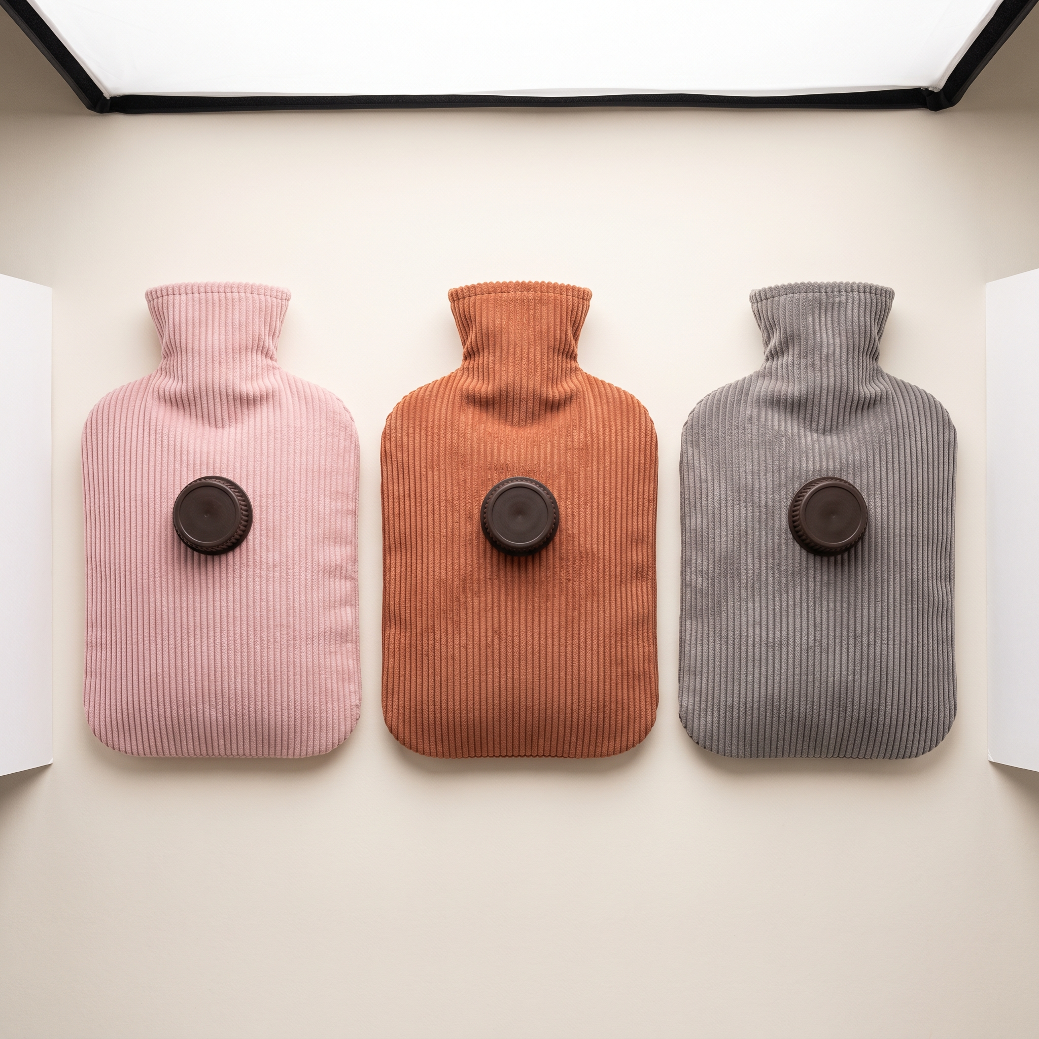 Les trois coloris de housse velours côtelé : rose poudré, terracotta et gris
