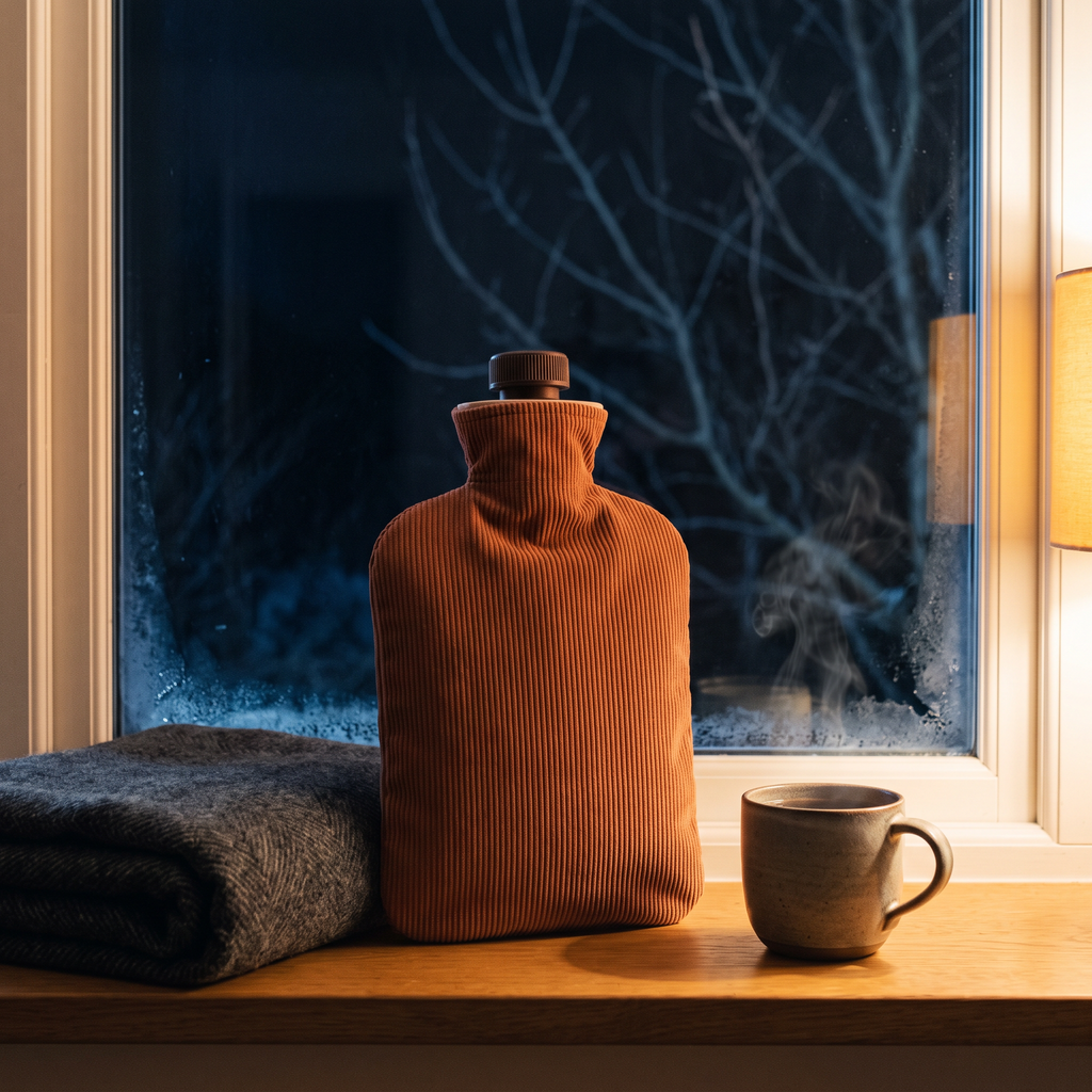 Bouillotte sur un rebord de fenêtre, tasse fumante, nuit d hiver derrière la vitre
