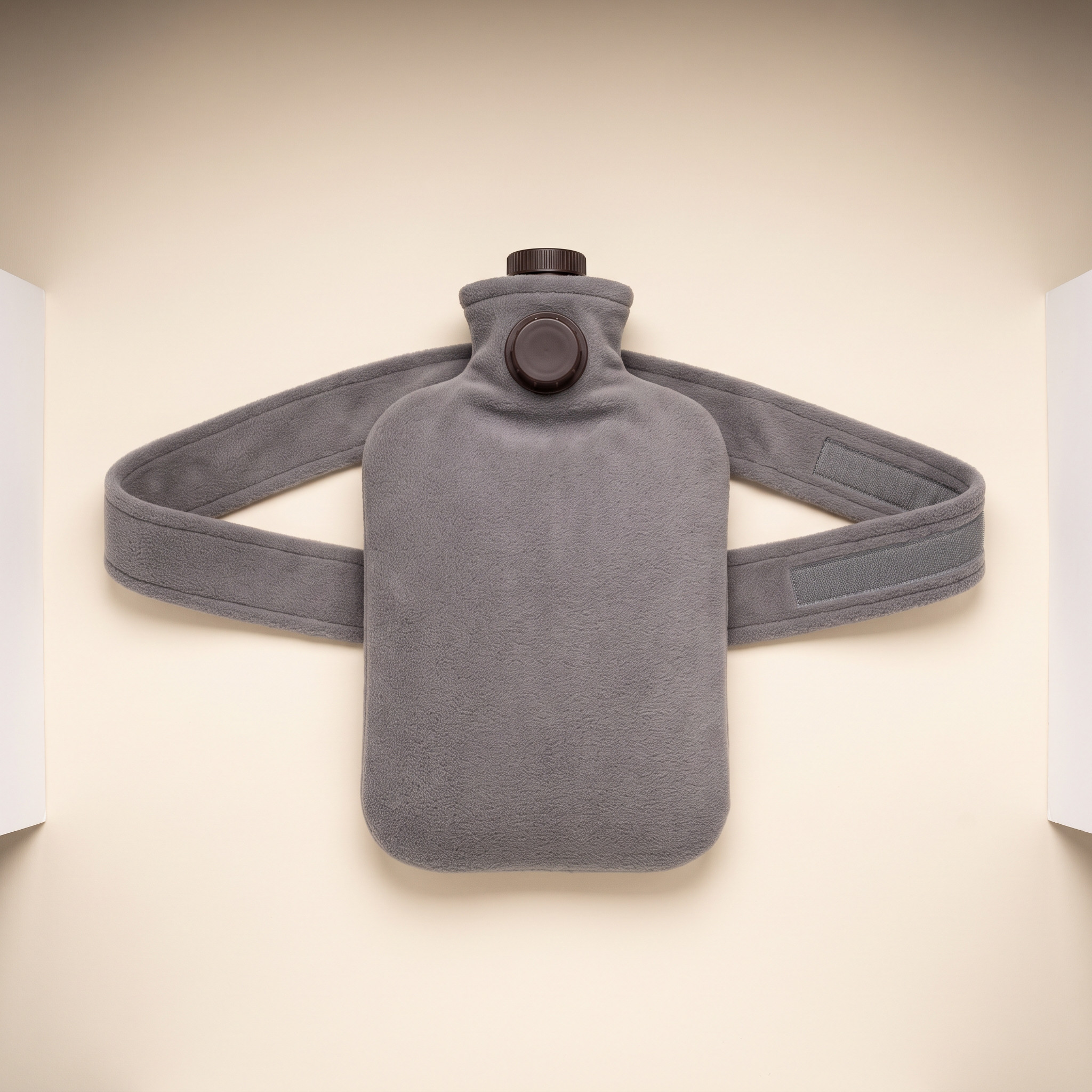 Bouillotte ceinture en polaire grise, sangle déployée, vue du dessus