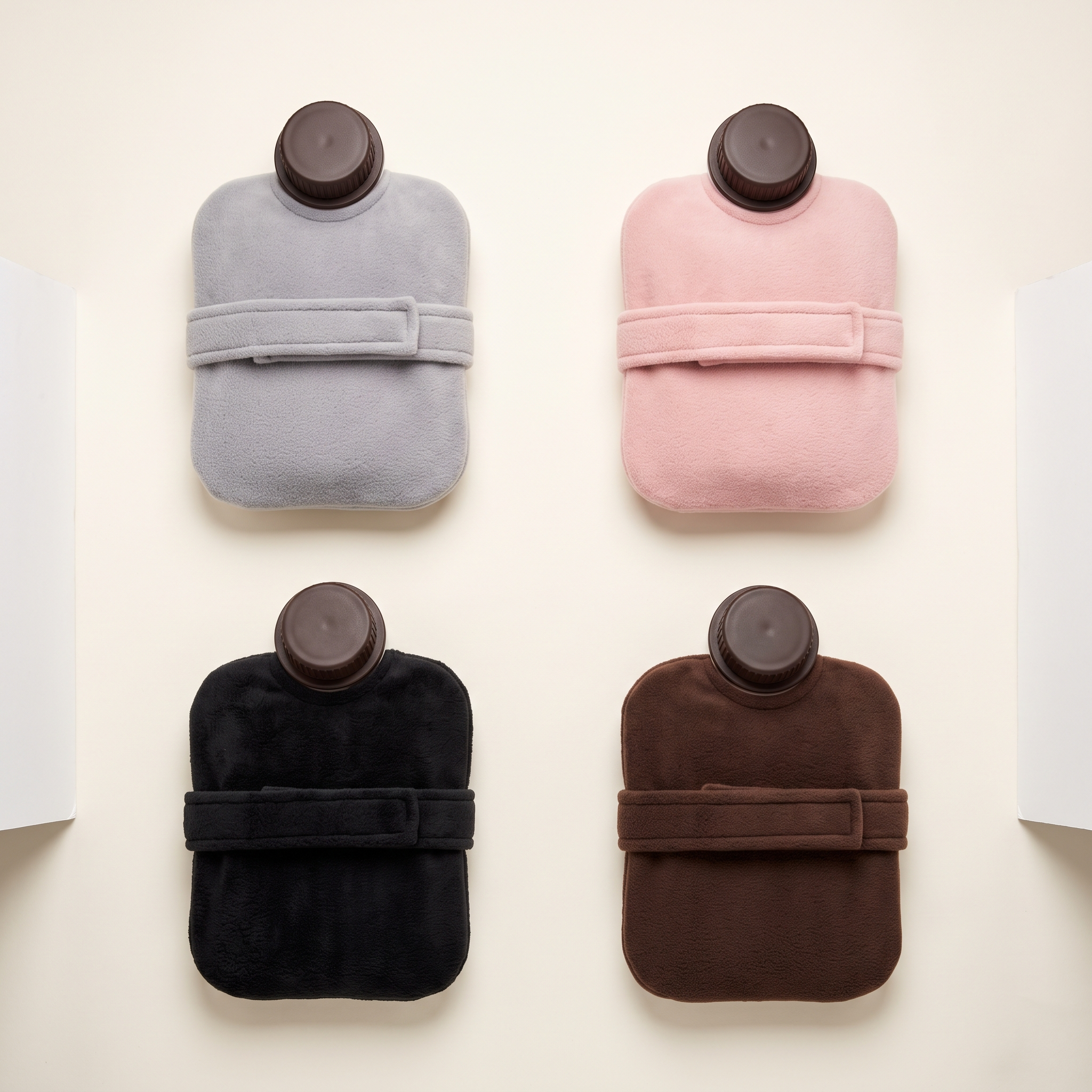 Les quatre coloris de bouillotte ceinture : gris, rose poudré, marron et noir