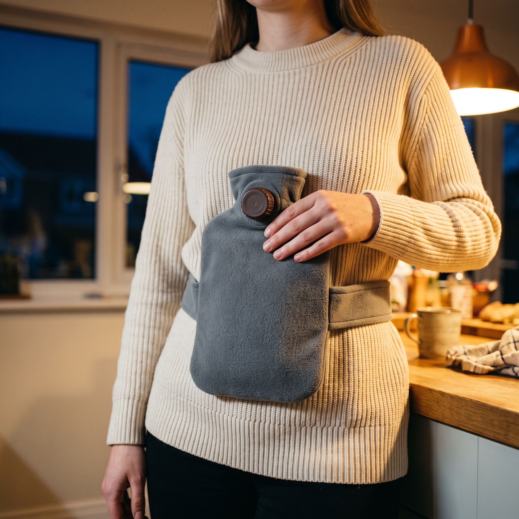 Bouillotte ceinture portée sur le ventre, sangle attachée autour de la taille
