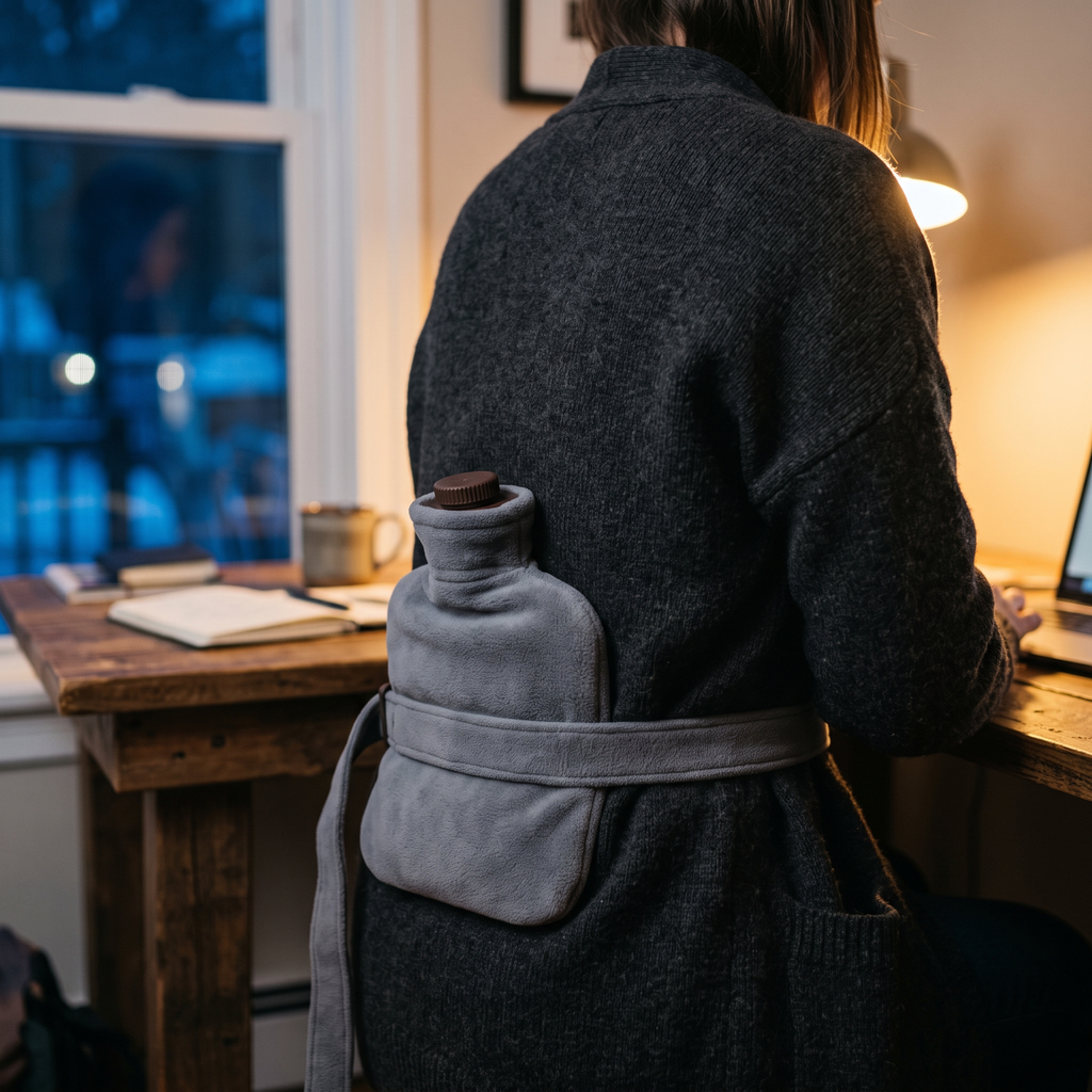 Bouillotte ceinture portée dans le bas du dos, assise à un bureau