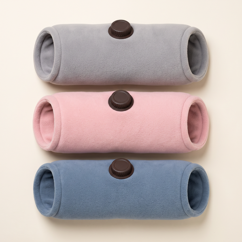 Les trois coloris de chauffe-mains : gris, rose poudré et bleu