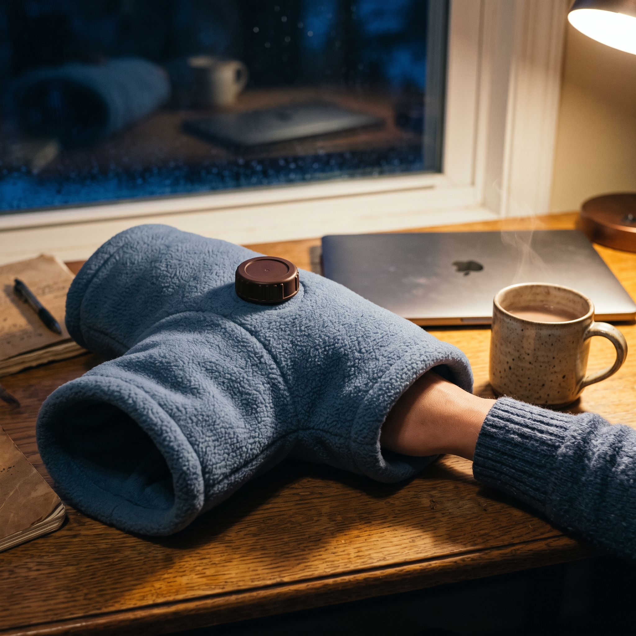 Chauffe-mains posé sur un bureau à côté d une tasse fumante, le soir