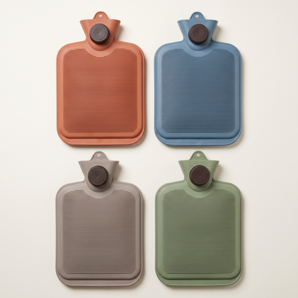 Les quatre coloris de bouillotte sans housse : terracotta, bleu, vert et gris