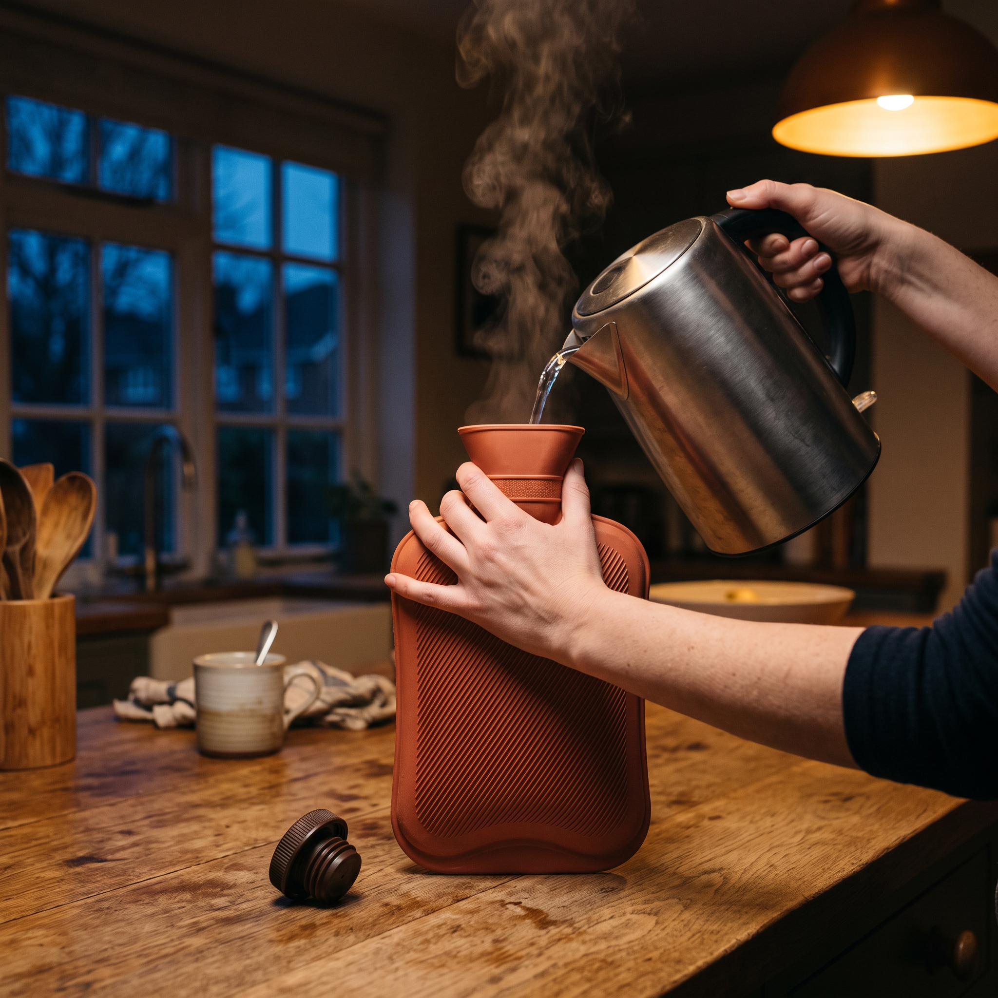 Remplissage de la bouillotte à la bouilloire, sur un plan de travail