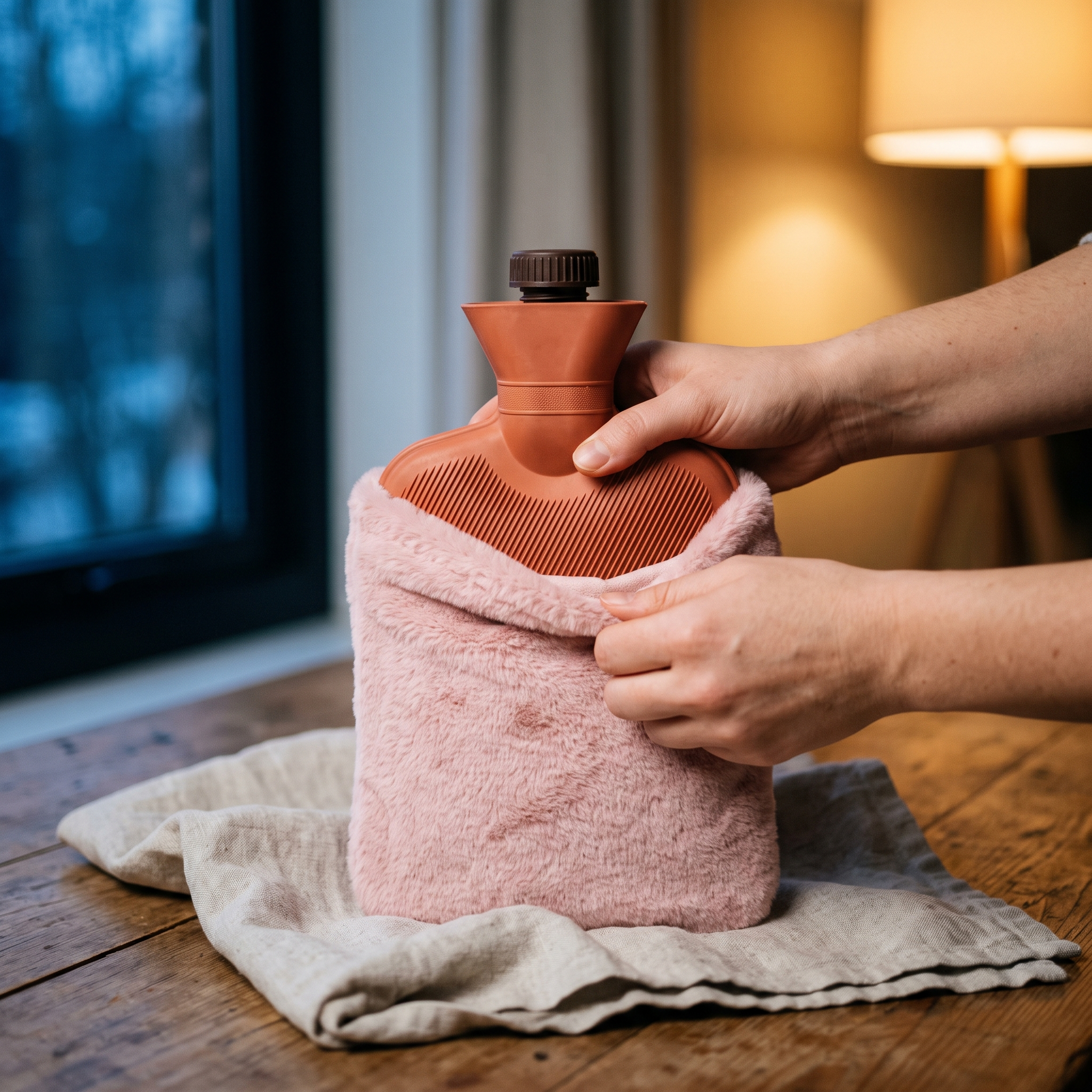 Bouillotte glissée dans une housse de rechange rose poudré