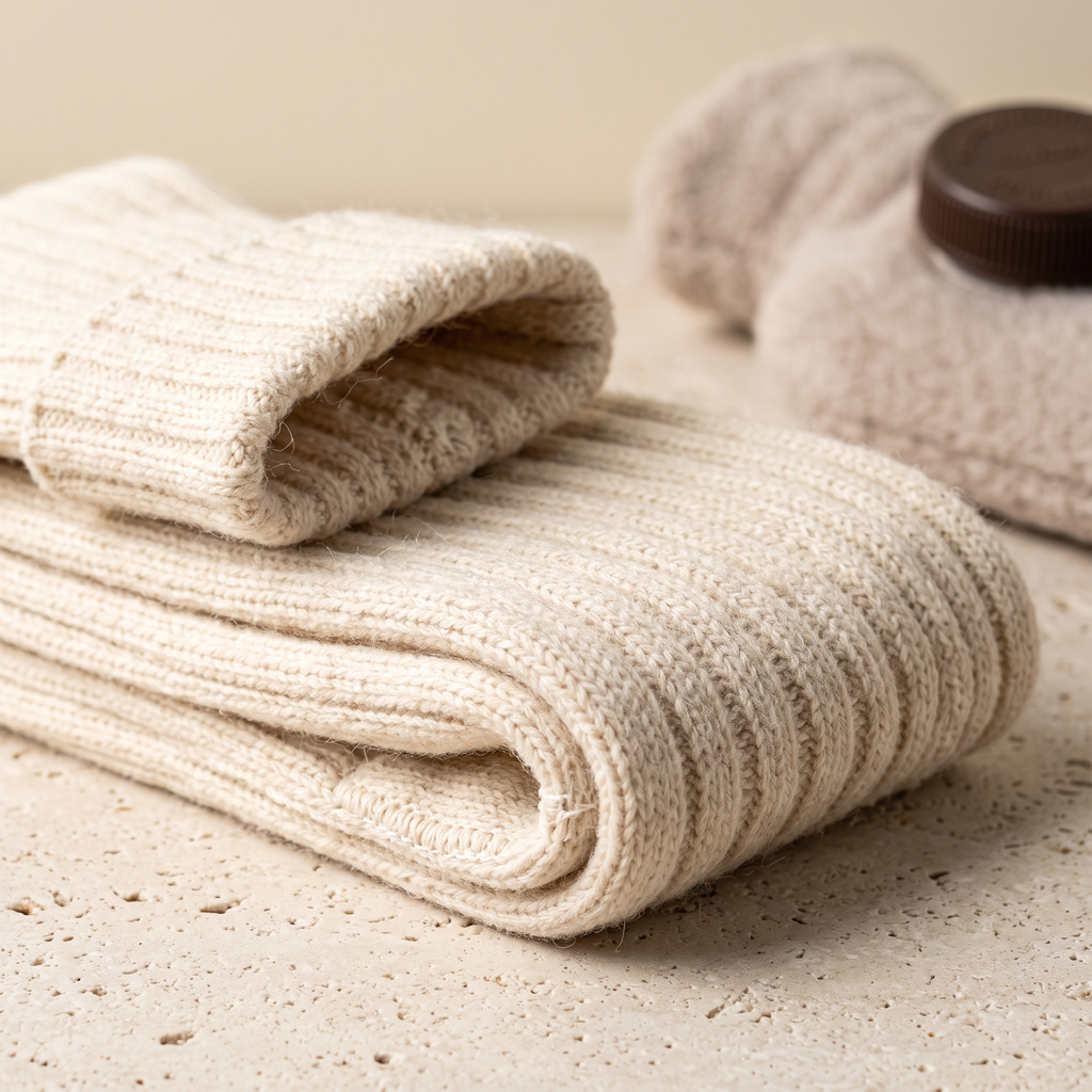 Gros plan sur les chaussettes côtelées écrues pliées