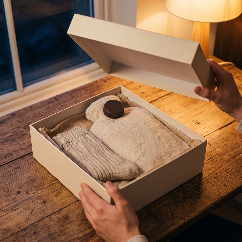 Ouverture du coffret sur une table, bouillotte et chaussettes sur papier de soie