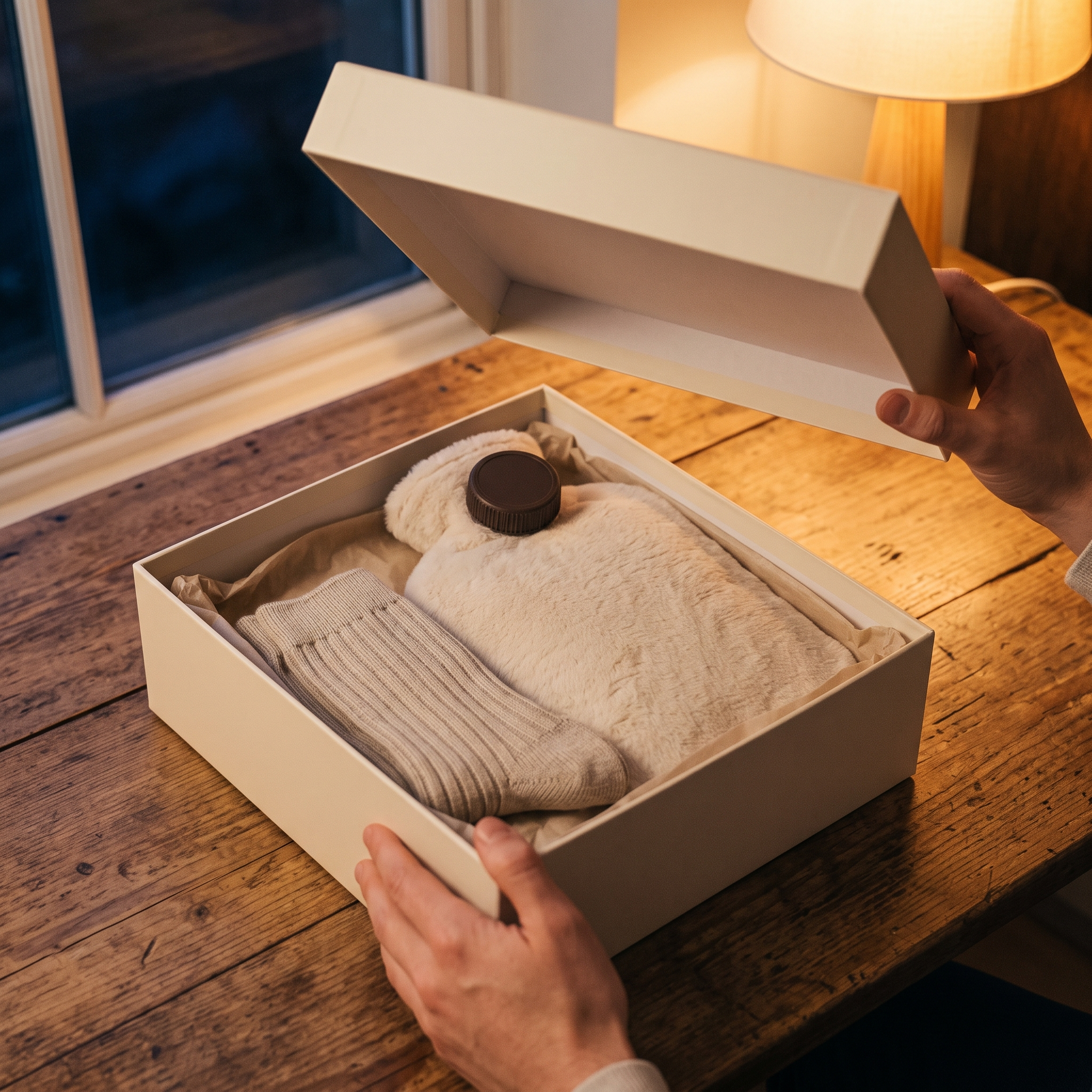 Ouverture du coffret sur une table, bouillotte et chaussettes sur papier de soie