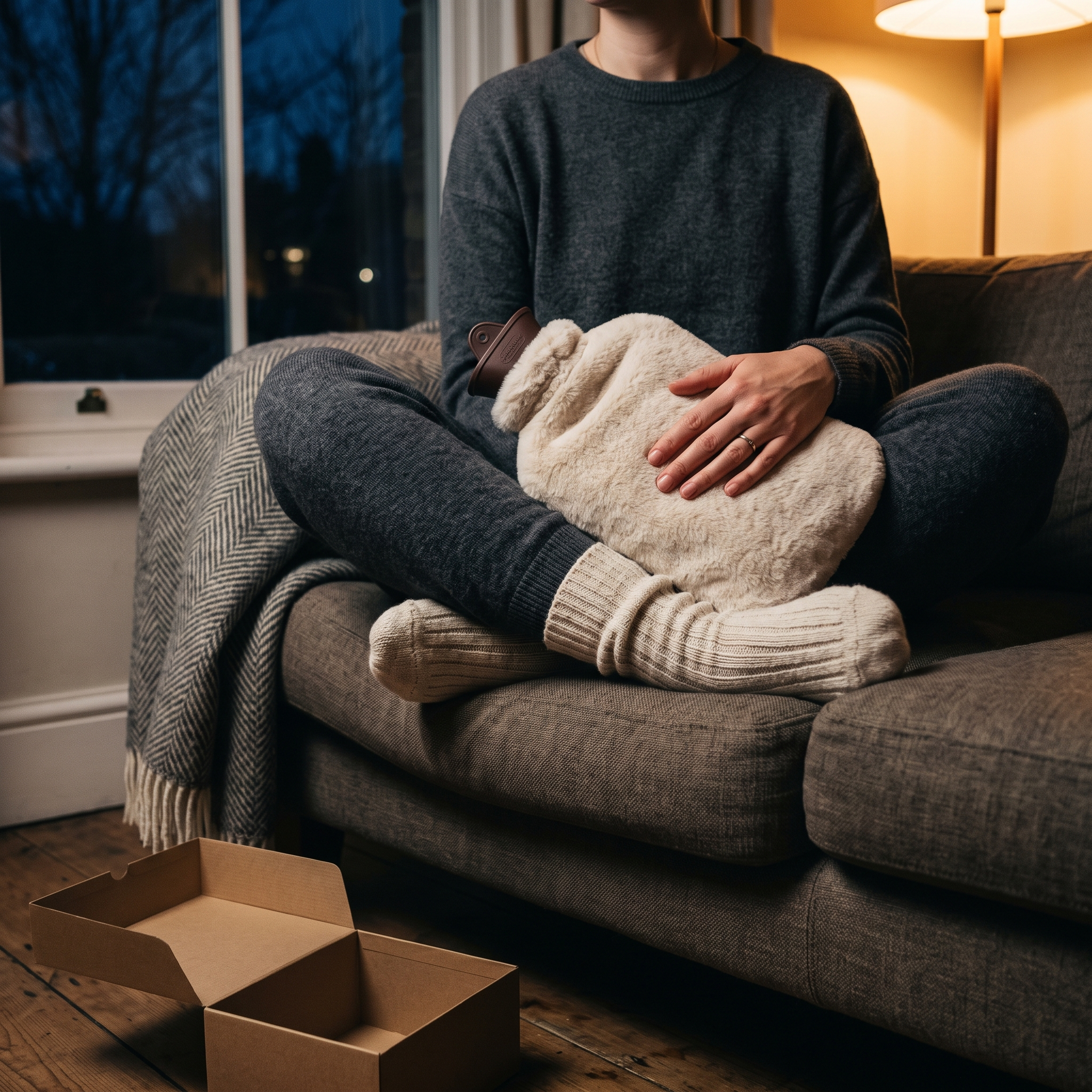 Chaussettes portées et bouillotte contre les jambes, assise sur un canapé