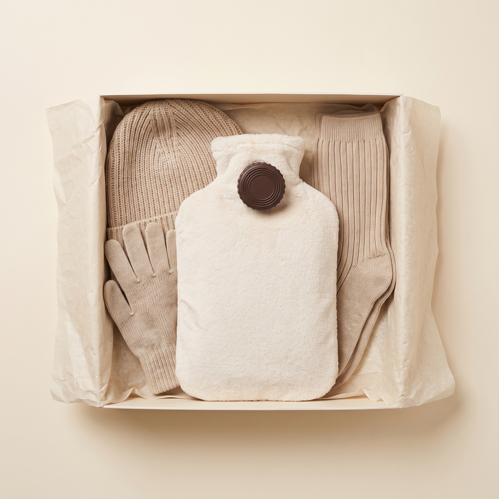 Le coffret garni vu du dessus, contenu disposé sur du papier de soie
