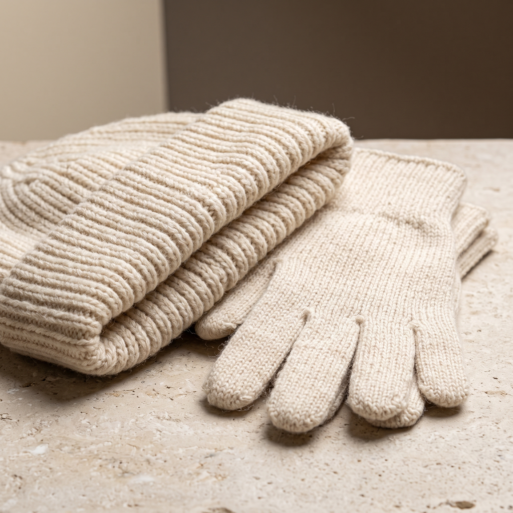 Gros plan sur la maille du bonnet et des gants écrus