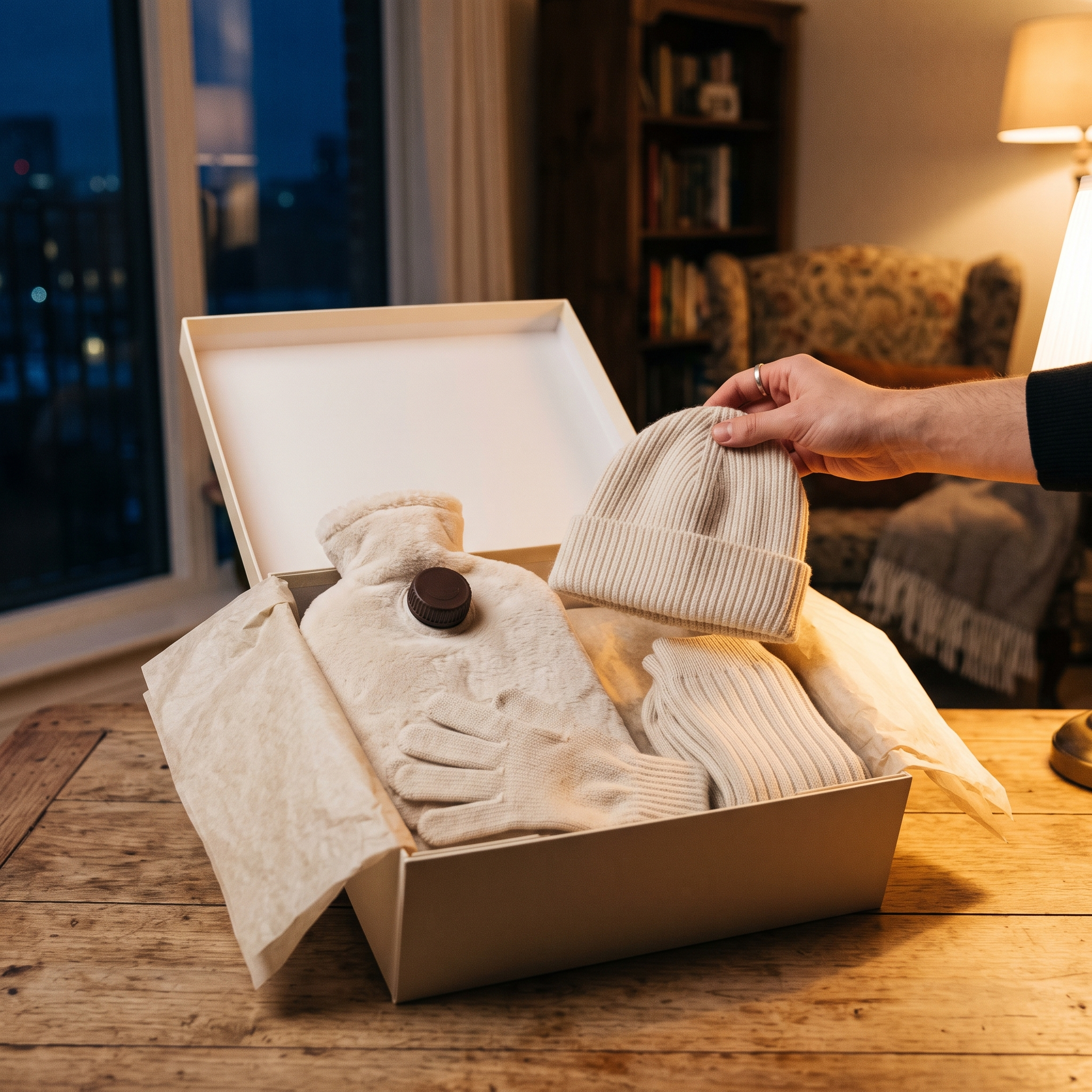 Ouverture du coffret sur une table, main soulevant le bonnet