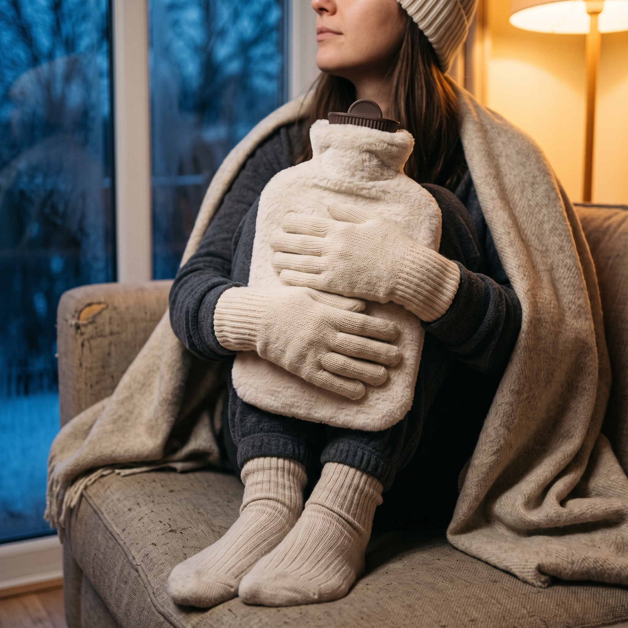 Bonnet, gants et chaussettes portés, bouillotte tenue contre soi sous un plaid