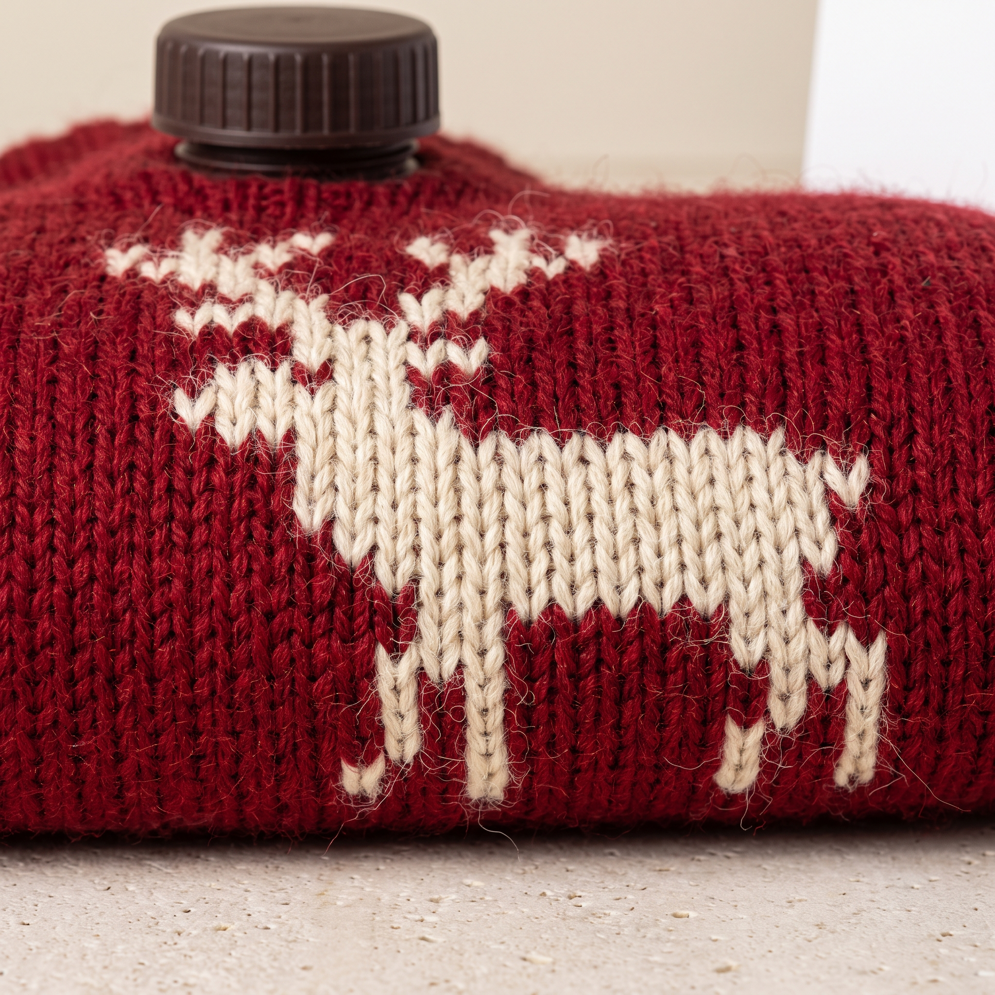 Gros plan sur la maille jacquard et le motif de renne
