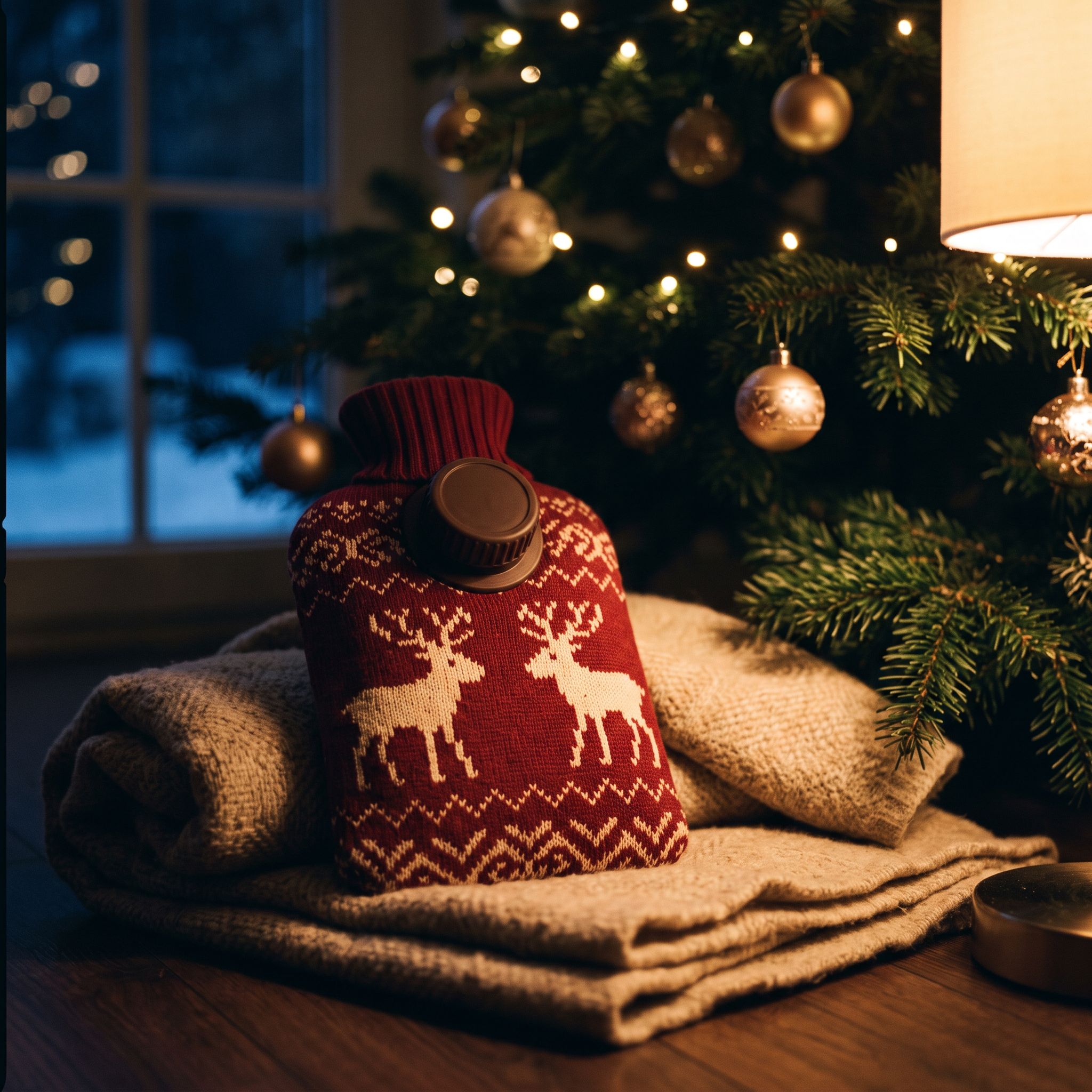 Bouillotte de Noël posée au pied du sapin, guirlande lumineuse en arrière-plan