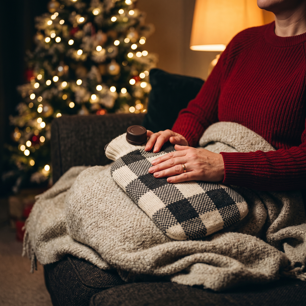 Bouillotte à motif carreaux posée sur les genoux, sous un plaid, un soir de Noël