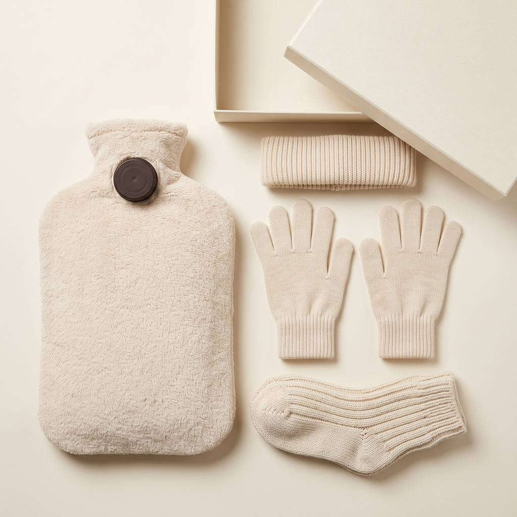 Coffret hiver : bouillotte en housse peluche écrue, bonnet, paire de gants, chaussettes et boîte cadeau