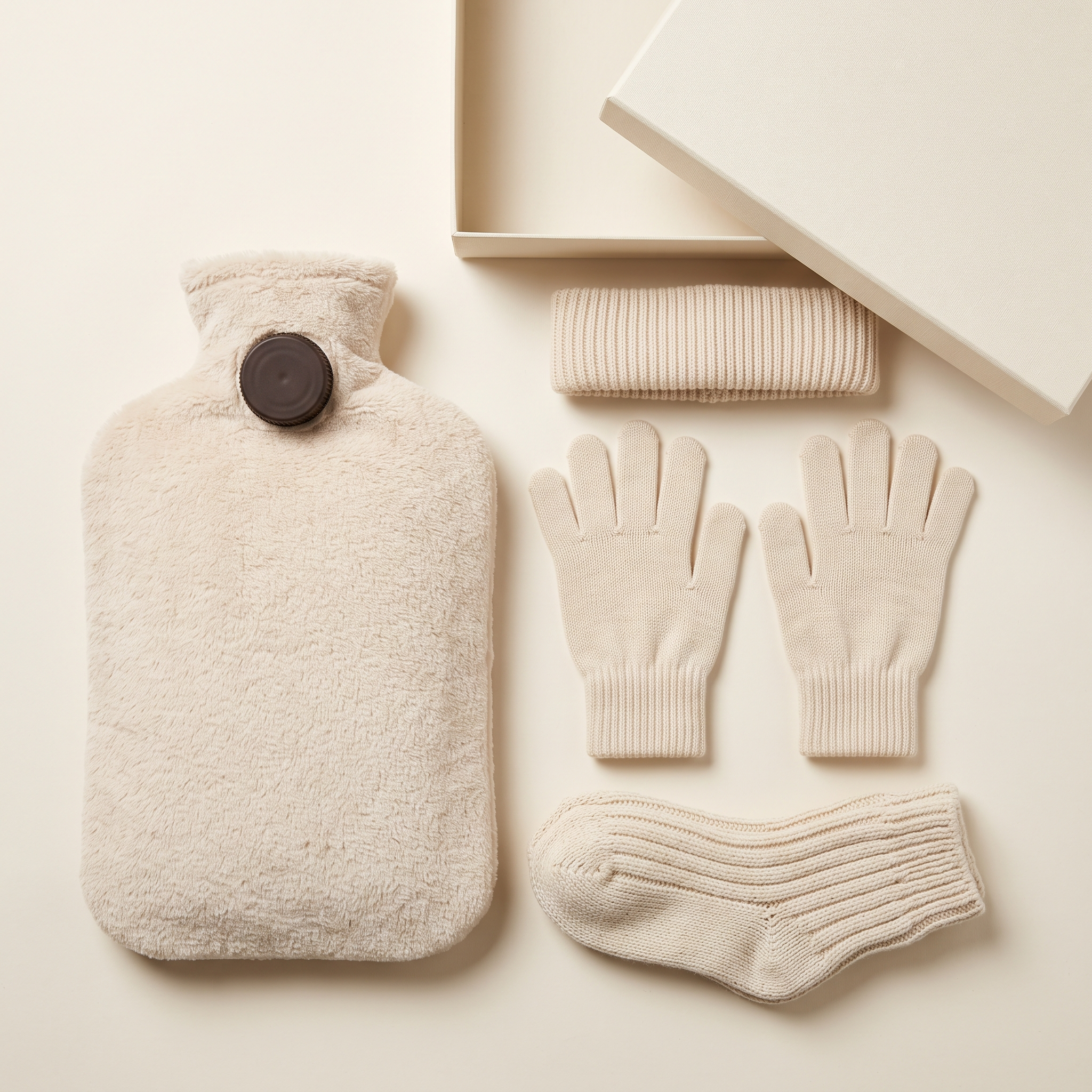 Coffret hiver : bouillotte en housse peluche écrue, bonnet, paire de gants, chaussettes et boîte cadeau
